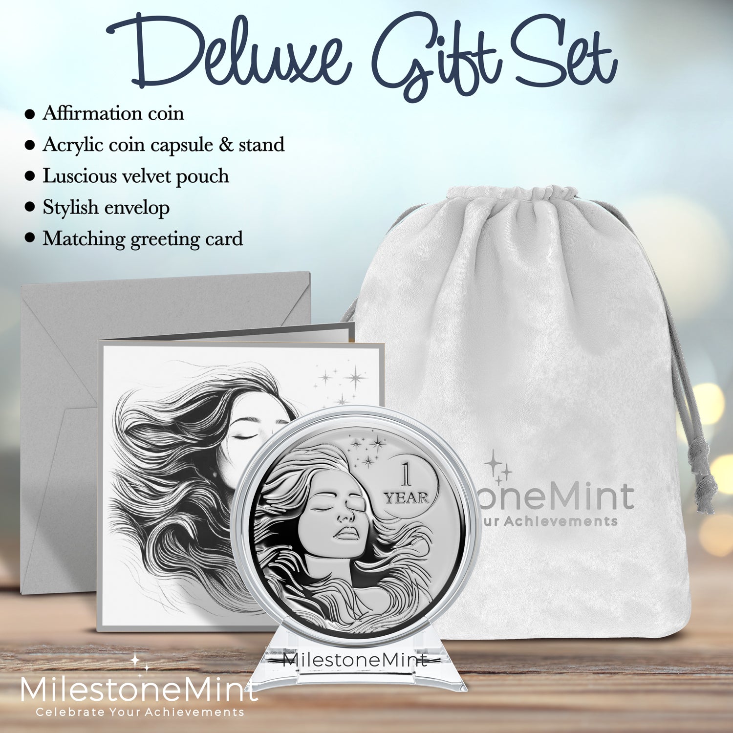 Woman's Serenity Token Sobriety Coin Gift Set 1 Year - Silver