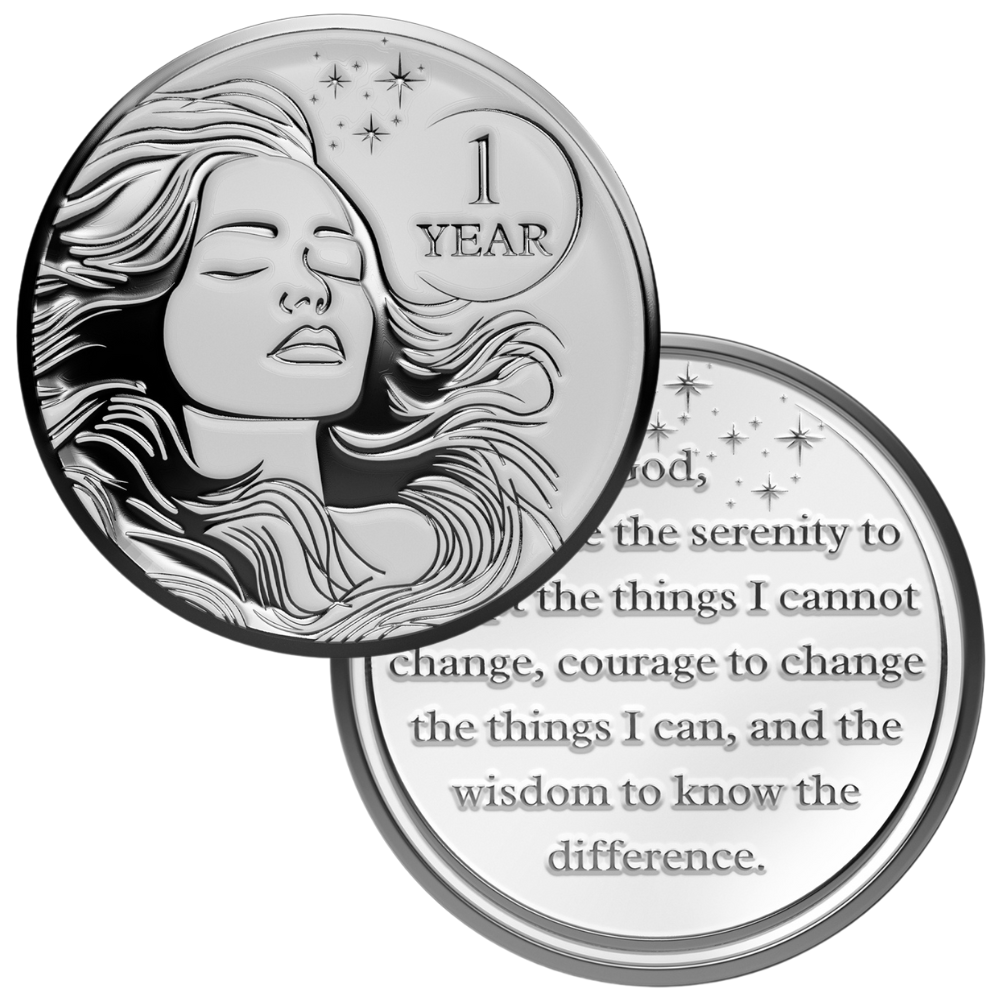 Woman's Serenity Token Sobriety Coin Gift Set 1 Year - Silver