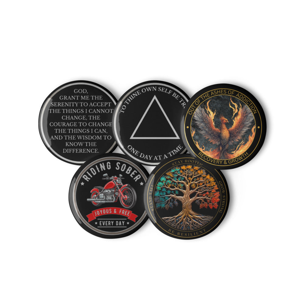 Sobriety Pin Button Set – Recovery Symbol Designs (5-Pack)